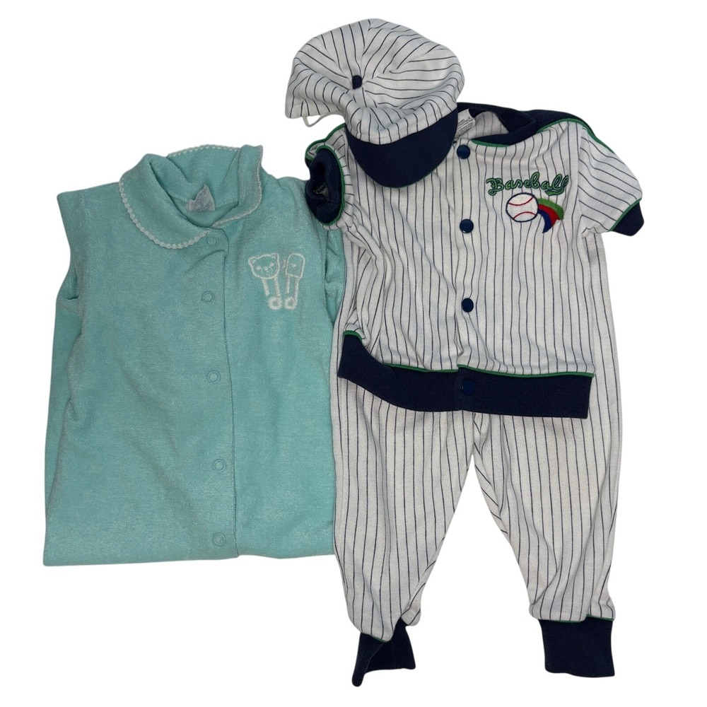 Vintage 18M Carters Teal Sleeper Baseball Set Blue White Retro Infant Baby